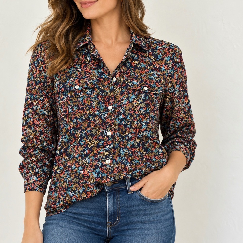 Eddie Bauer Women Botanical Leaf Print Button Up Shirt Navy Blue Orange Size M